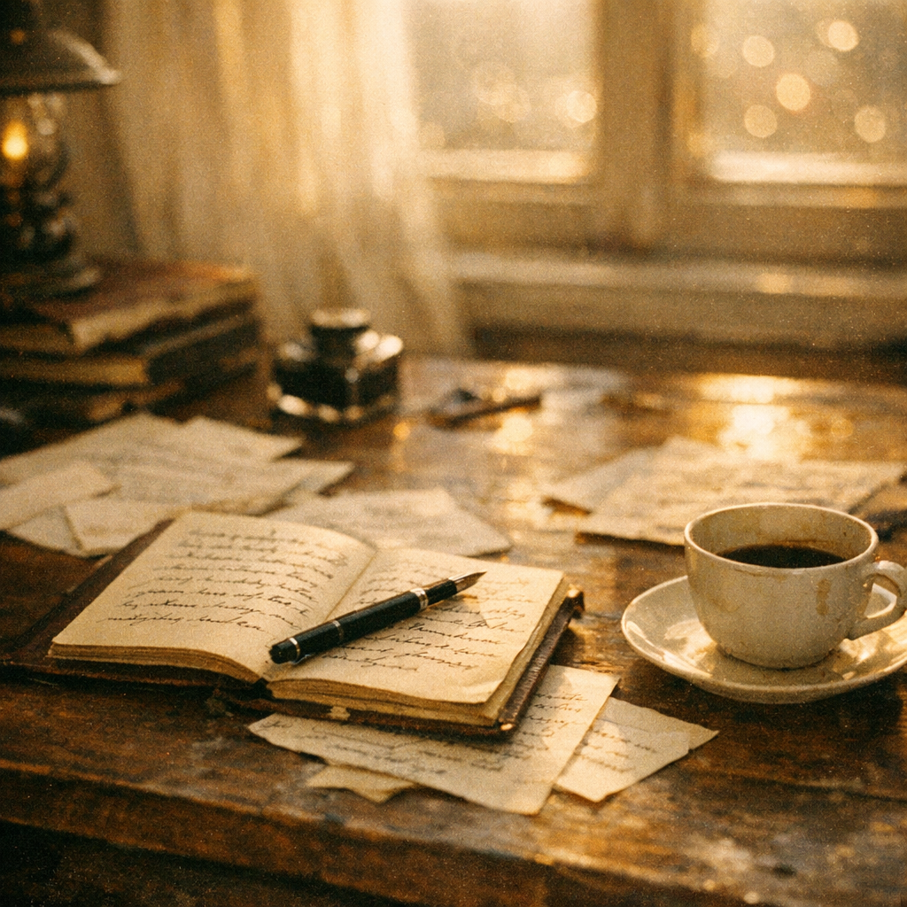 Bureau d'écriture de F.B. Emerson - espace créatif avec cahiers, stylo et café