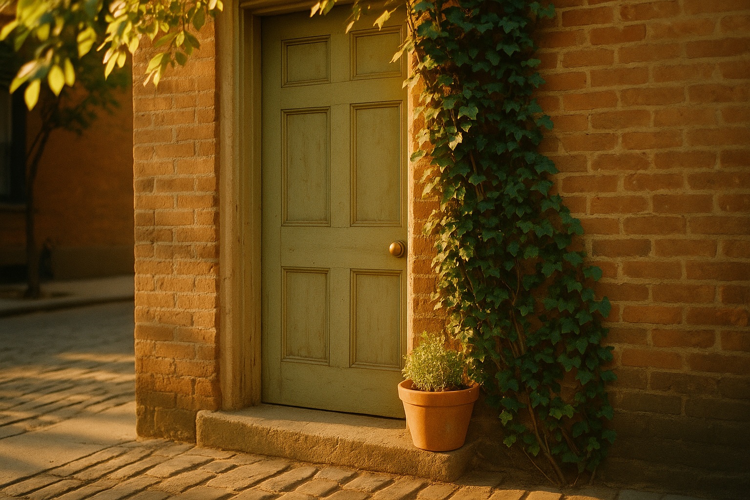 Une porte verte anonyme dans une ruelle calme du West Village au golden hour, sans numéro ni enseigne, lierre et terracotta