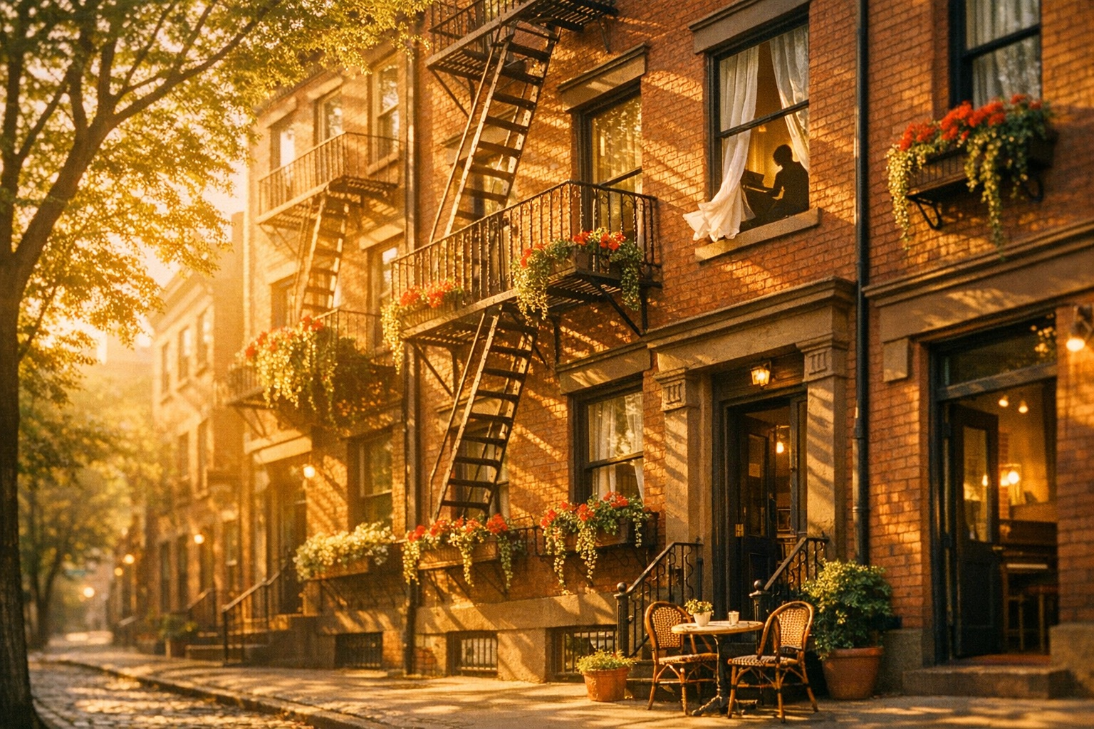Rue bordée de brownstones dans le West Village au golden hour, lumière dorée, fenêtres ouvertes, jardinières fleuries sur les escaliers de secours