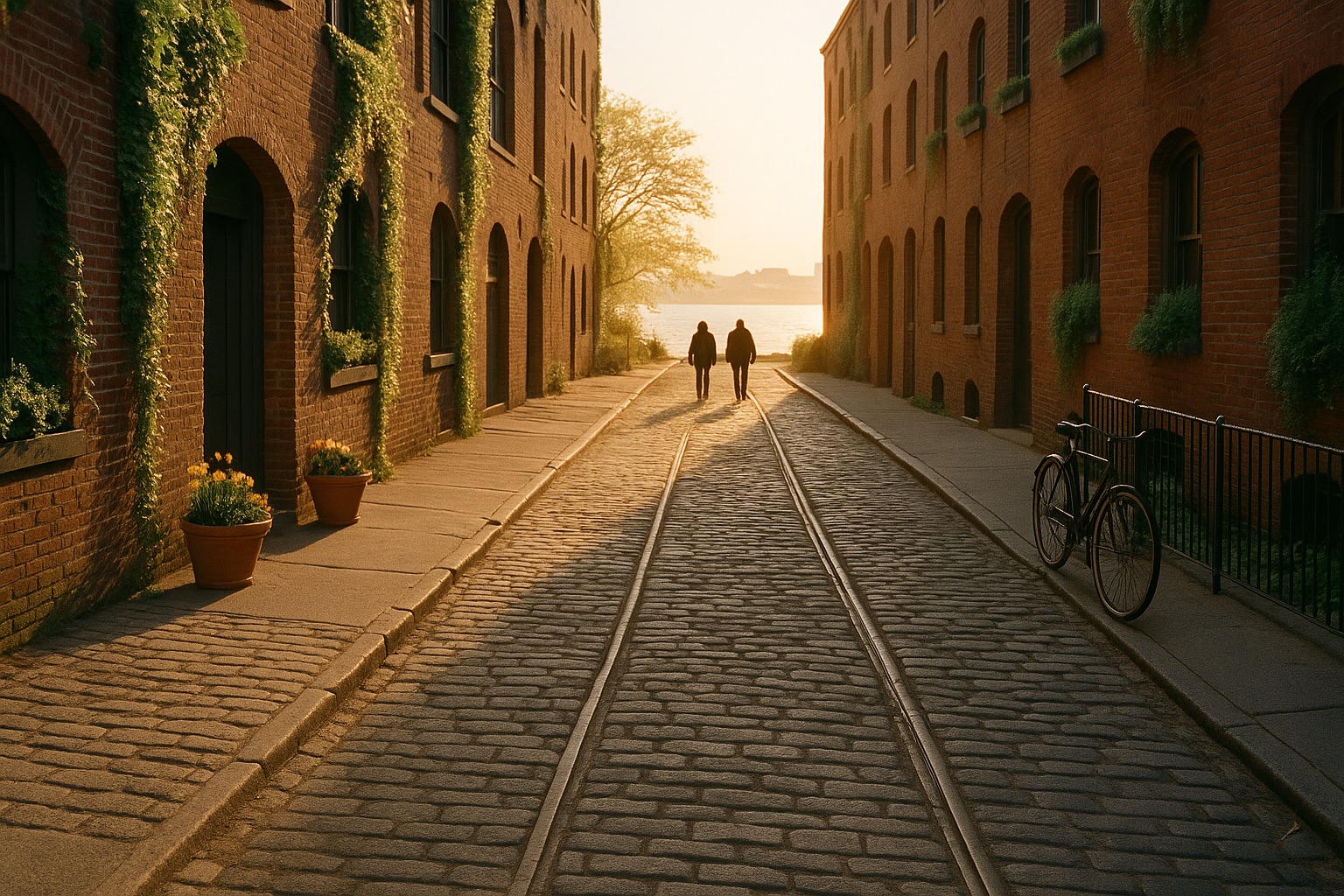 Rue pavée de DUMBO au golden hour, anciennes voies ferrées dans les pavés, warehouses en brique rouge avec lierre, deux silhouettes marchant vers l'East River