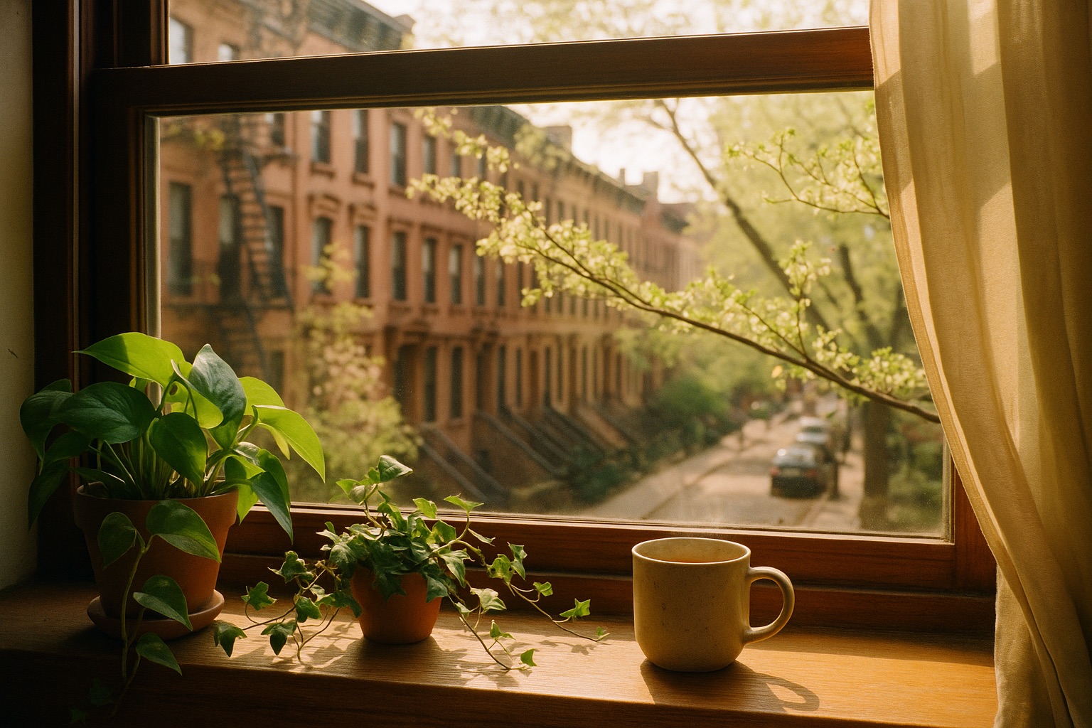 Vue intérieure d'une fenêtre d'appartement new-yorkais au golden hour de mai, plantes vertes sur le rebord, brownstones et arbres en fleurs visibles au-dehors, atmosphère lumineuse et intime