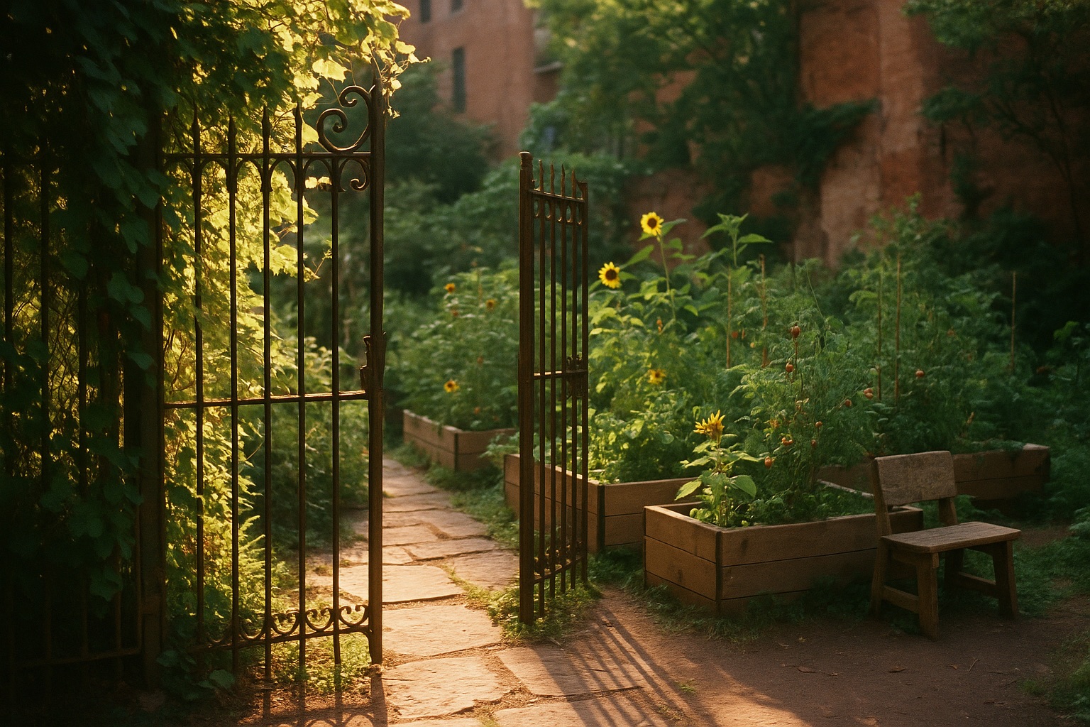 Un jardin caché de New York, portail en fer forgé ouvert sur un potager urbain au golden hour