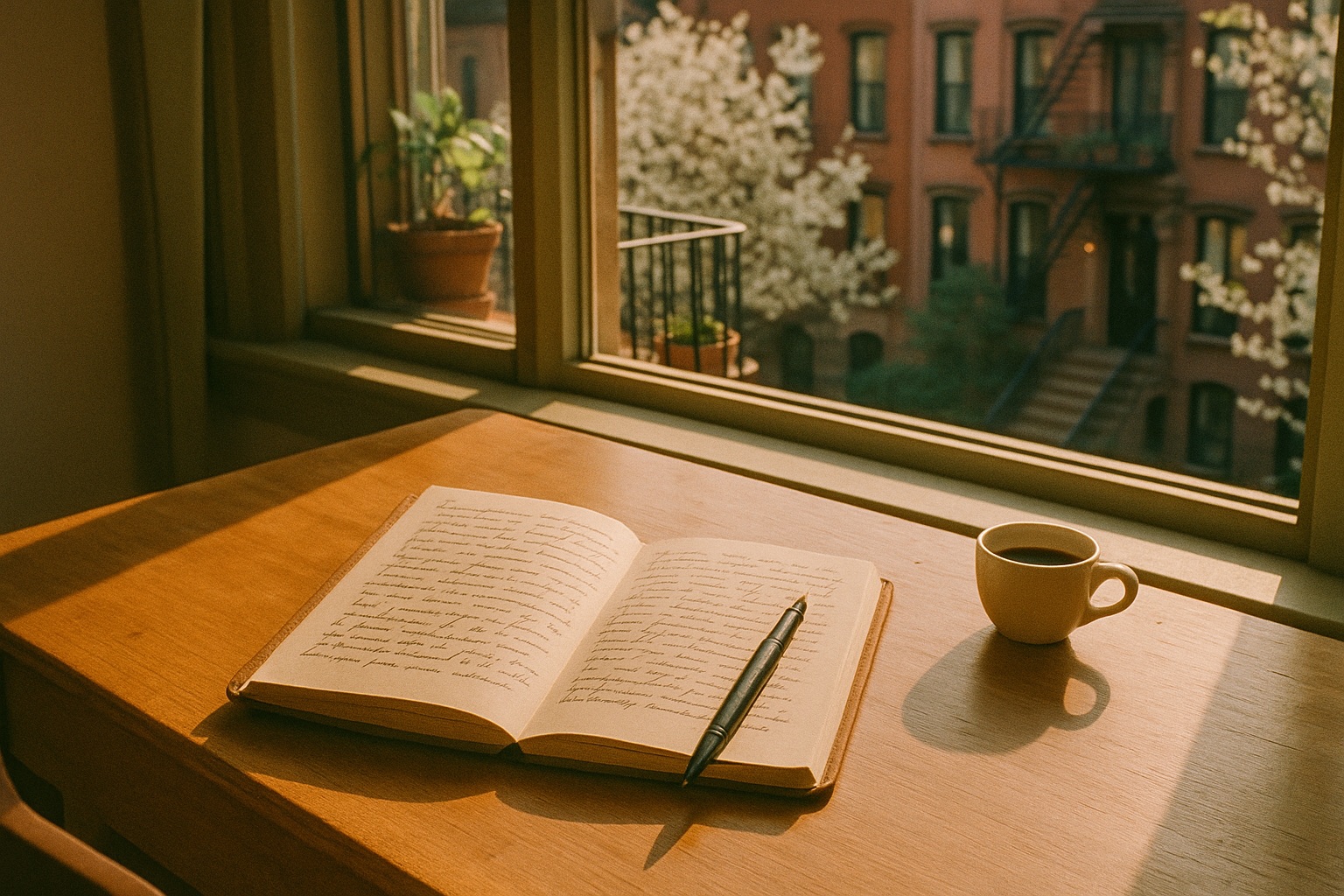 Un bureau en bois baigné de lumière matinale, un carnet ouvert avec des pages manuscrites, une tasse de café, une fenêtre ouverte sur une rue de brownstones fleuris