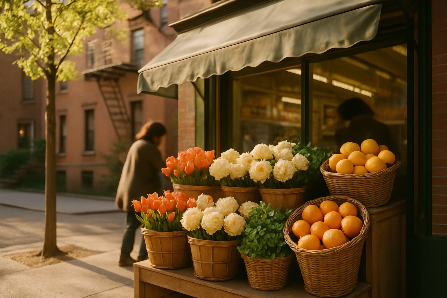 Bodega de quartier à New York au matin de printemps, étalage de tulipes terracotta, pivoines crème, herbes fraîches et oranges en cagettes en osier devant une devanture sage green, lumière dorée filtrant à travers un jeune arbre, atmosphère chaleureuse et invitante