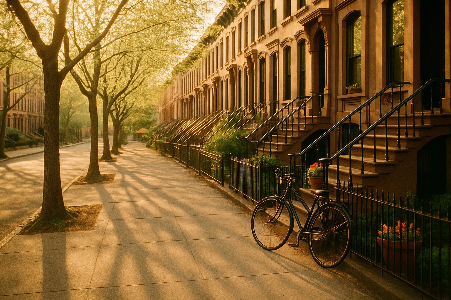 Rue de brownstones à Park Slope au matin doré, vélo appuyé contre une grille, terrasses fleuries