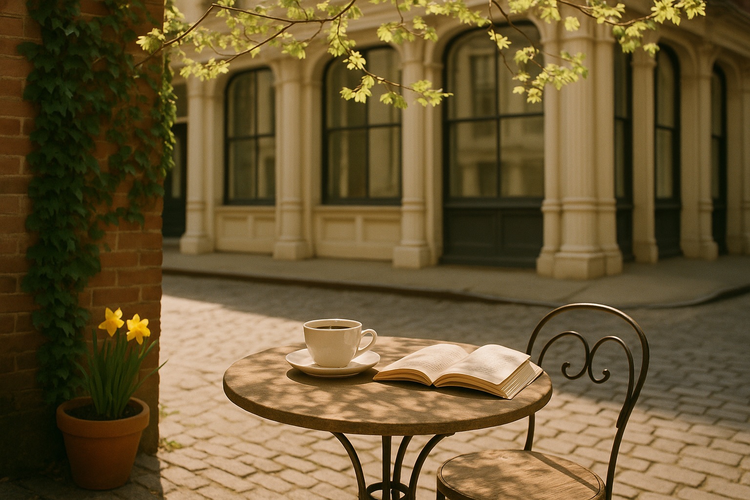 Table de café en fer forgé sur trottoir pavé de Tribeca, tasse de café et livre ouvert, façade en cast iron crème et colonnes ornées en arrière-plan, lierre vert et jonquilles, lumière dorée de printemps